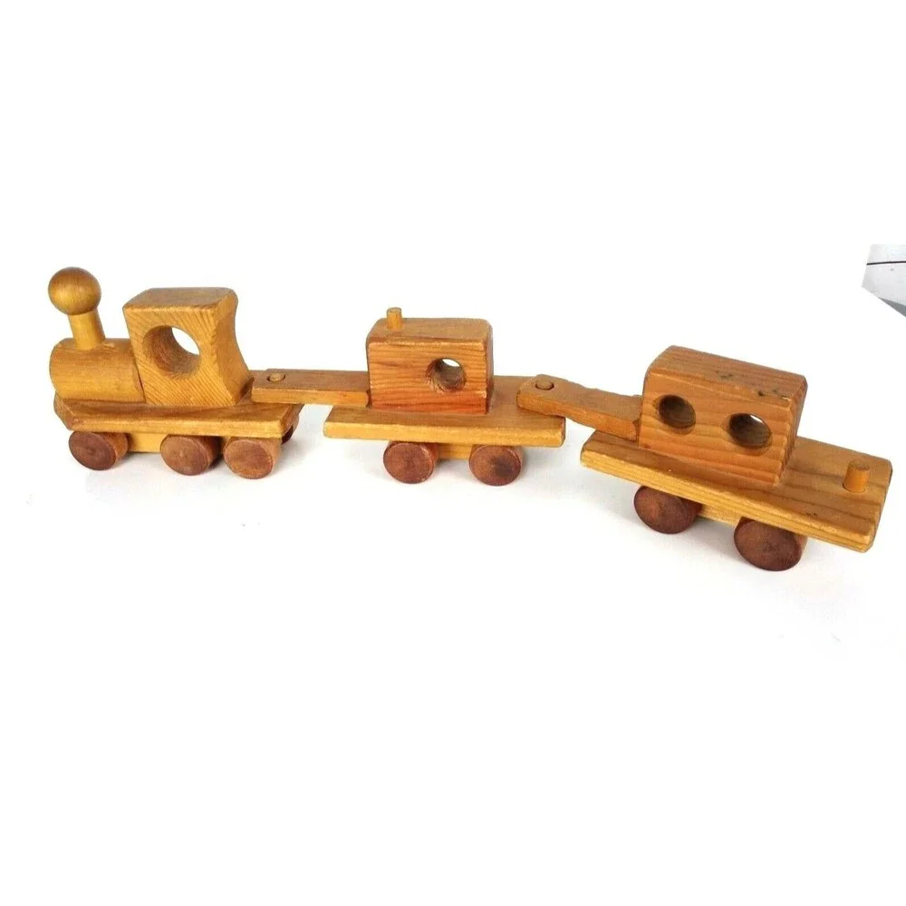 Vintage 60s 70s Hand Crafted Wooden Three-Car Caboose Train Pull Toy 